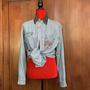 Vintage 80s Studded Oversized Chambray Shirt M